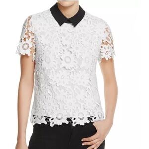 AQUA white lace top with black collar